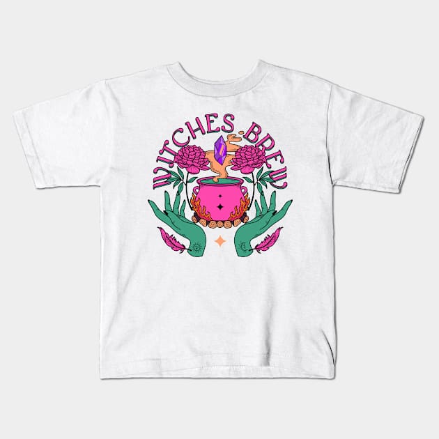 Witching brew - spell, potion, crystal, feather, floral, flowers, aesthetics, pink, colorful, magic, wiccan, witch Kids T-Shirt by magyarmelcsi